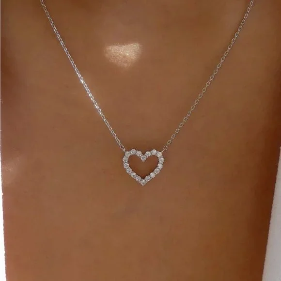 Rhinestone Heart Charm Necklace For Women Accessories Silver Jewelry Party - Picture 1 of 3